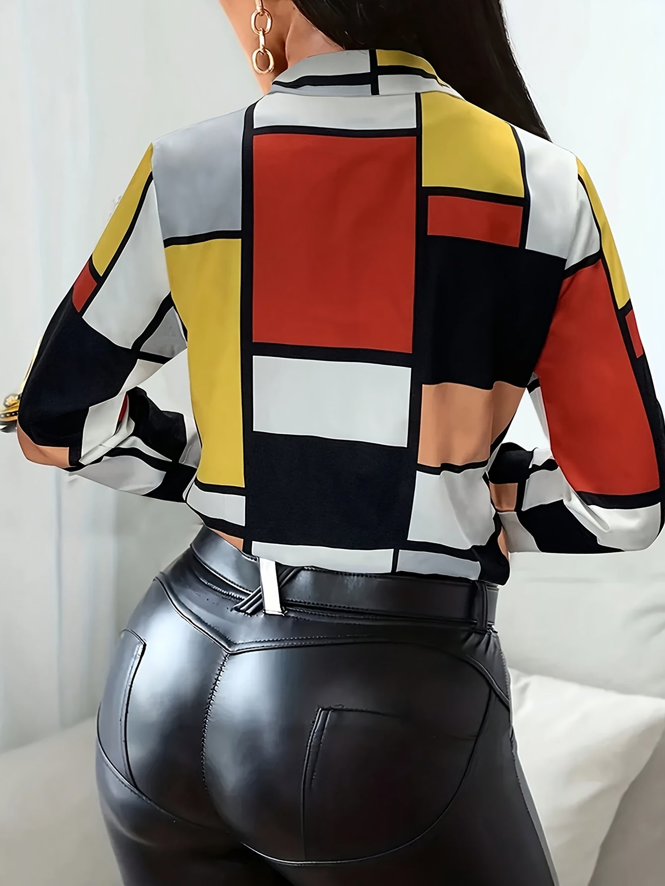 Color Block Button Up Shirt, Elegant Long Sleeve Collared Shirt For Spring & Fall, Women's Clothing